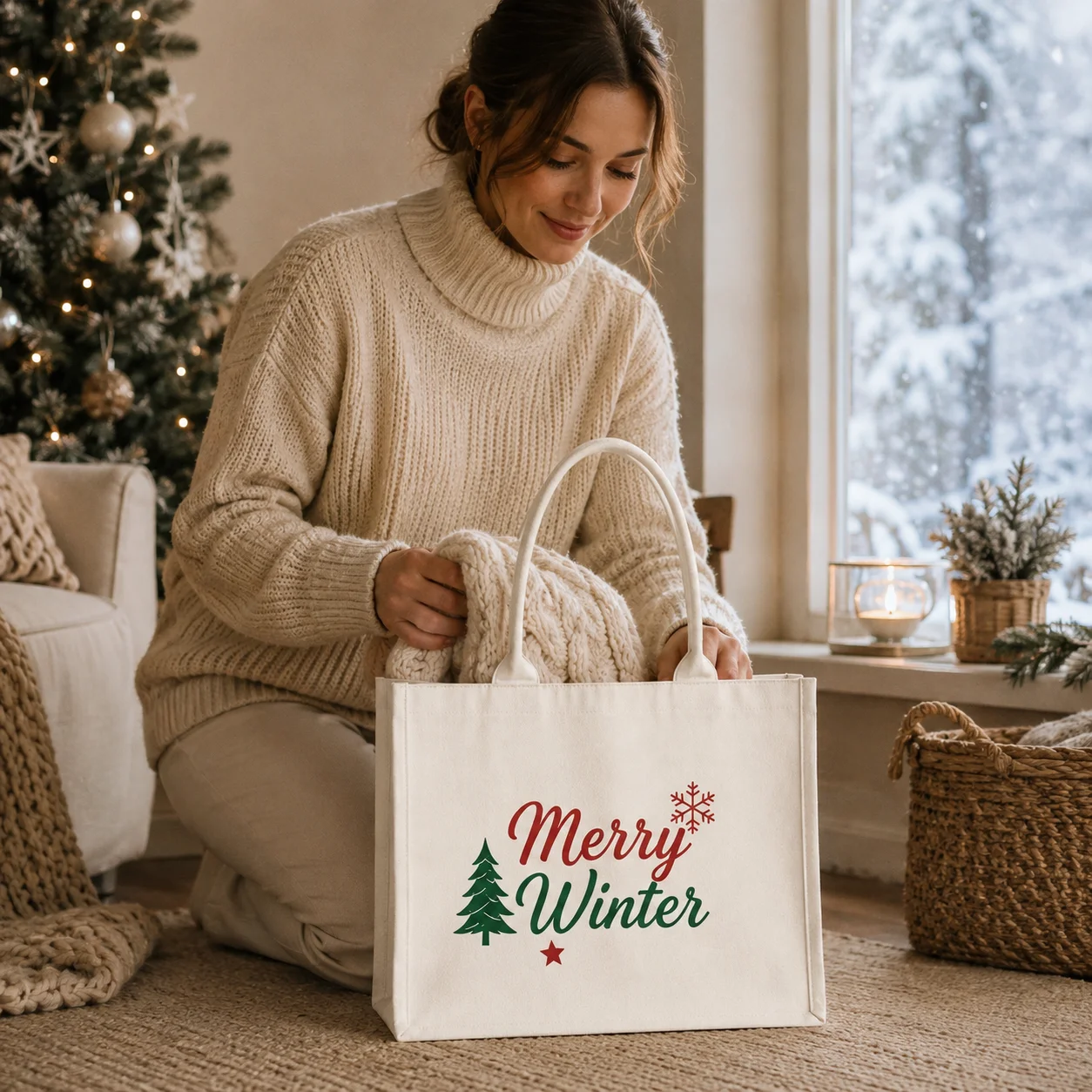 Personalized Custom Canvas Tote Bag Women Fashion Design Merry Winter Christmas Canvas Bag Winter Holiday Design Unique Gift Bag