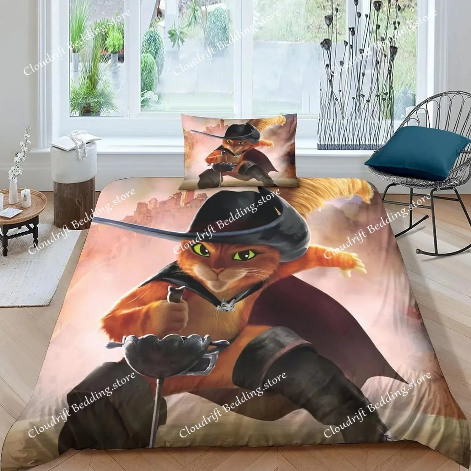 Exquisite 3D Cartoon Puss In Boots Wallpaper Cats Print Bedding Set Duvet Cover Comforter Bed Youth Kids Girls Boys Gift