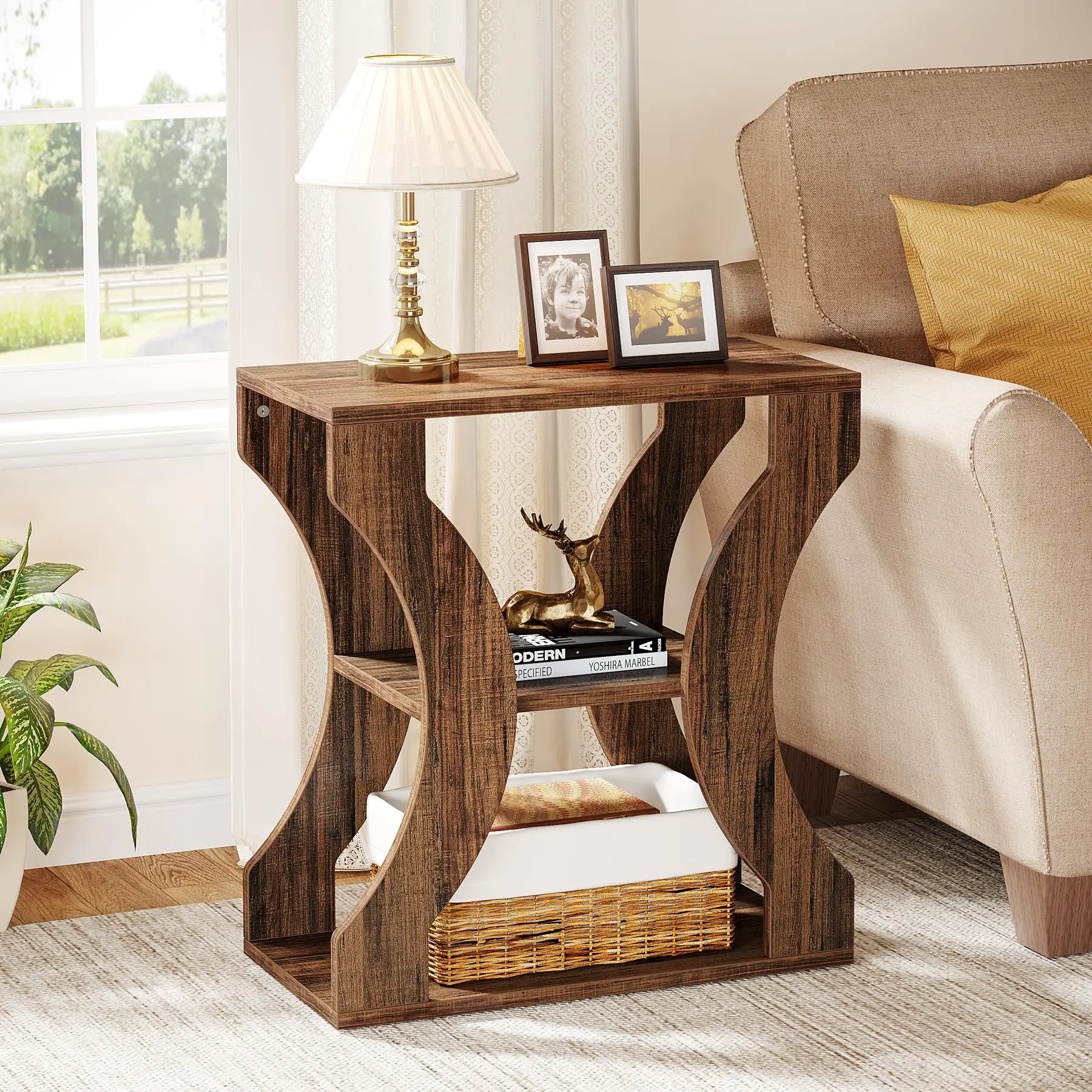 

Tribesigns 24" Farmhouse End Table, 3-Tier Side Table with Storage Shelves, Industrial Wood Accent Table, Nightstand Bedside Tab