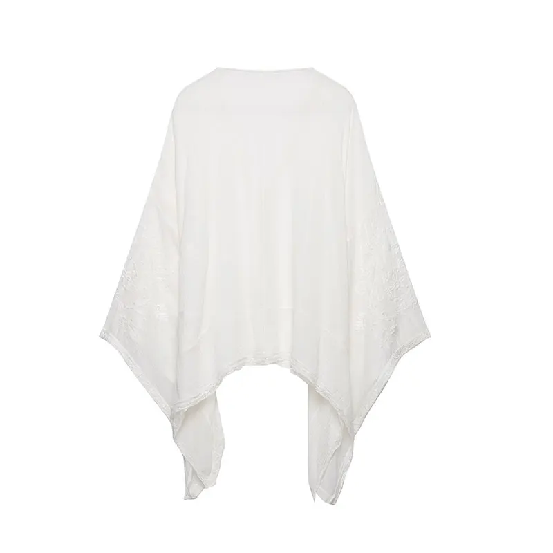 Nlzgmsj 2026 Autumn Women V Neck Embroidery Blouse Batwing Sleeve Irregular Hem Loose Casual Vacation Top