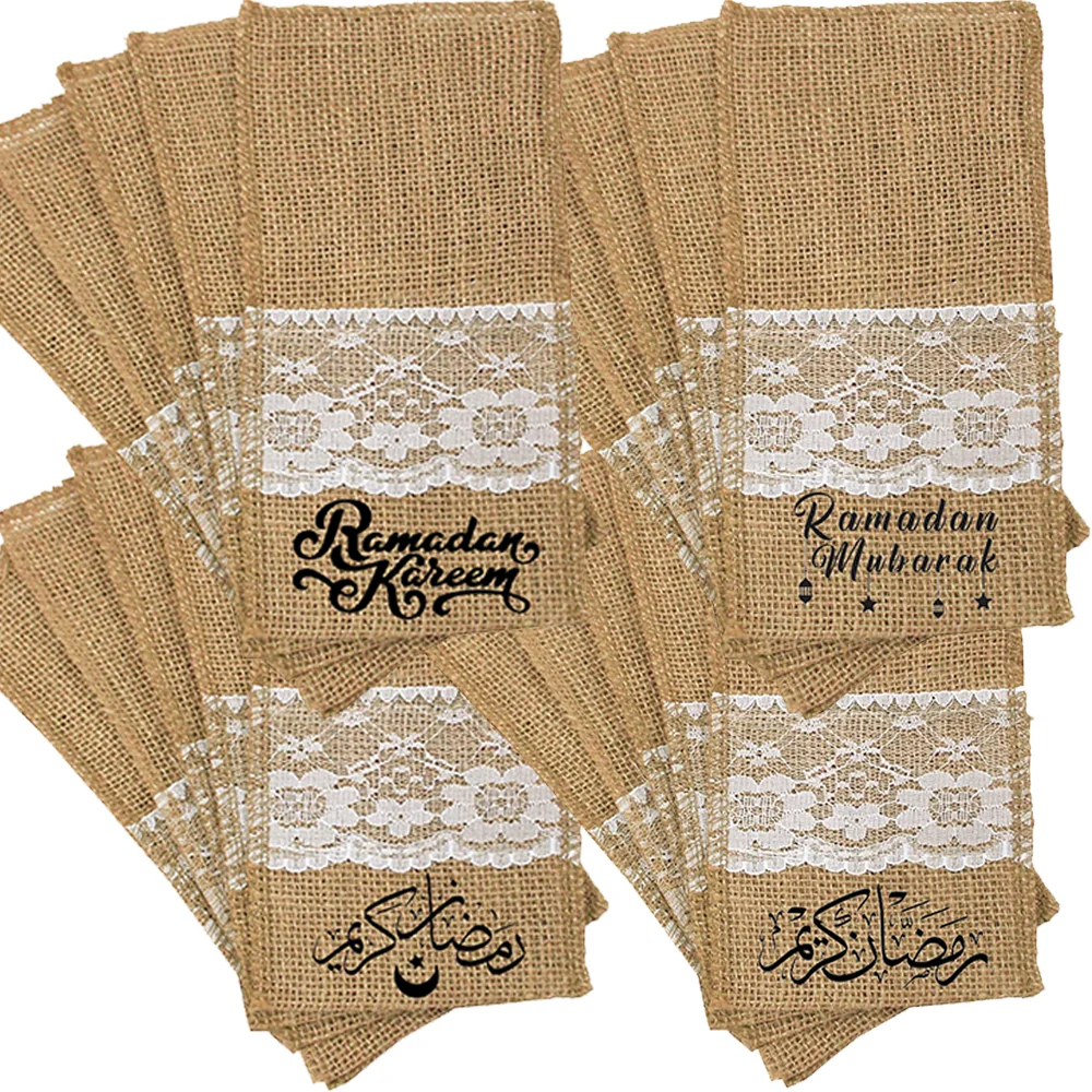 

5Pcs Ramadan Kareem Linen Lace Cutlery Holders Pouch Islamic Iftar Party Table Accessories Ramadan Decorations 2026 Eid Al-Adha