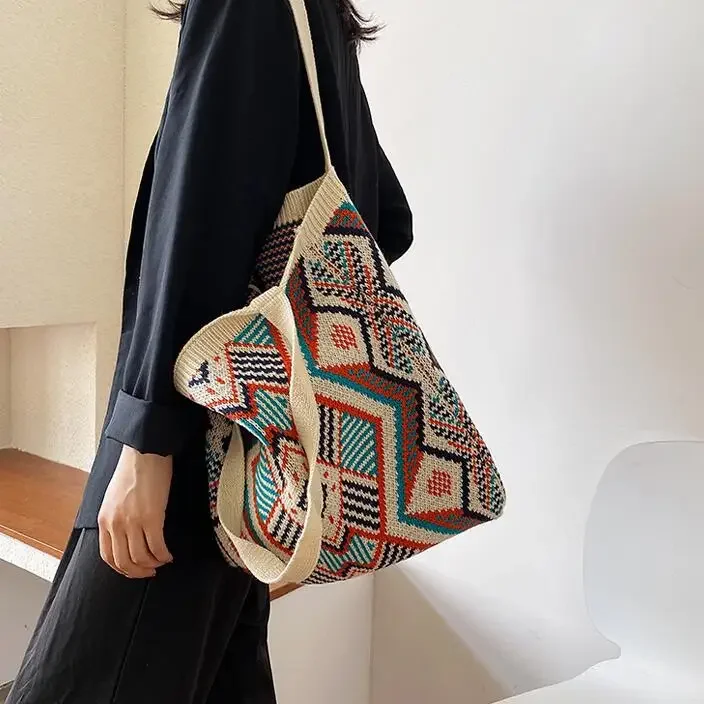 Lady Knitting Gypsy Bohemian Boho Chic Aztec Tote Bag Women Crochet Woolen Open Shopper Top-handle Bag 2021 Female Daily Handbag