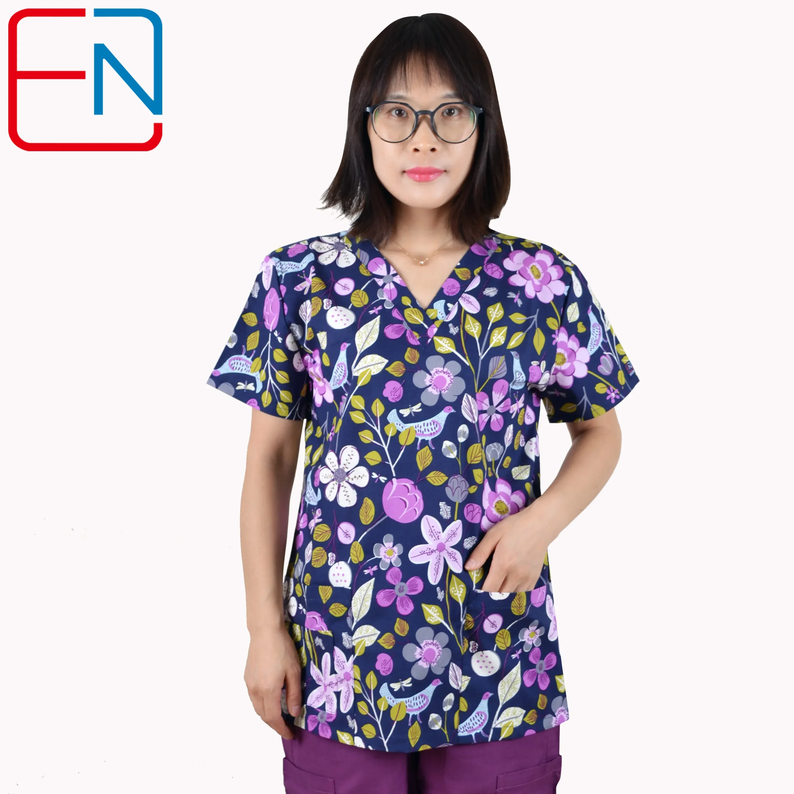 Hennar Print Scrub UniformFor Women In 100% Cotton 4 pockets,XXS-5XL Medical Scrub Tops