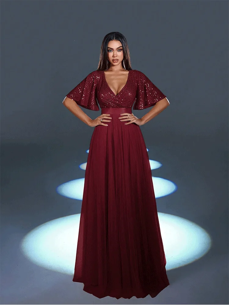 Burgundy V-Neck Shiny Short-Sleeved Mesh Floor-Length Wedding Banquet Ladies Evening Dress Prom Gown 2024 Women