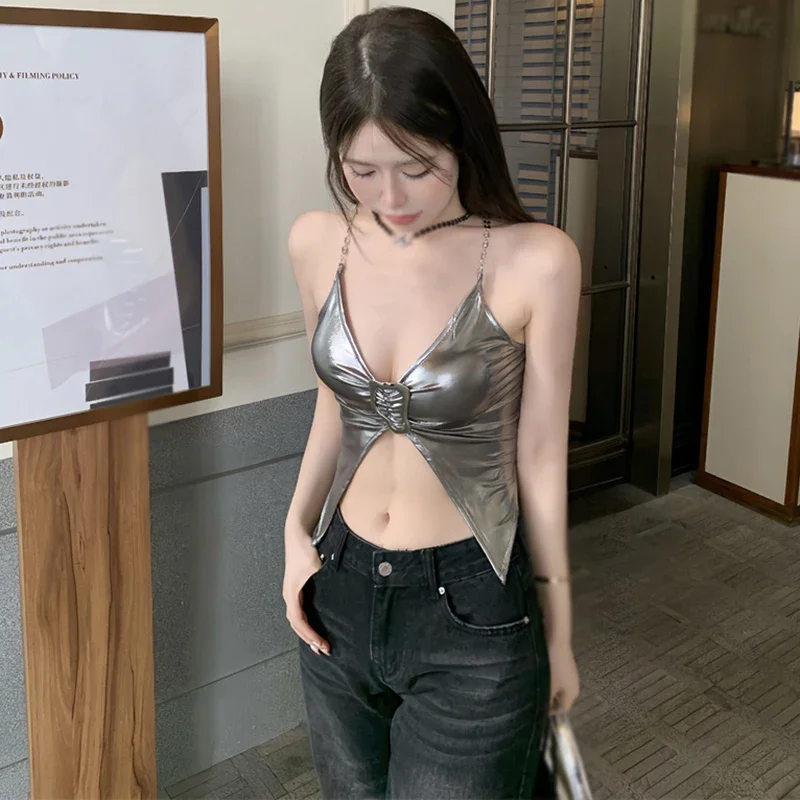 Women V-Neck Metallic Silver Punk Crop Velvet Slim Fit Sexy Camisole Top Silver One Size