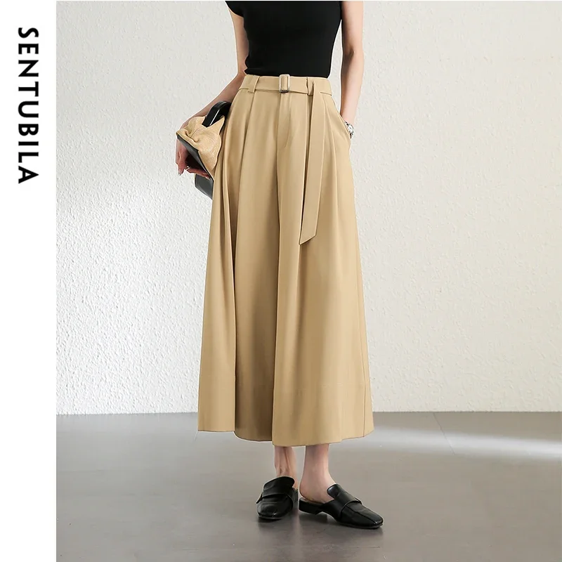 SENTUBILA Texture Folds Pants for Women 2024 Autumn Twill Casual Solid Sashes Wide Leg Pants Office Lady Trousers 143K56845X