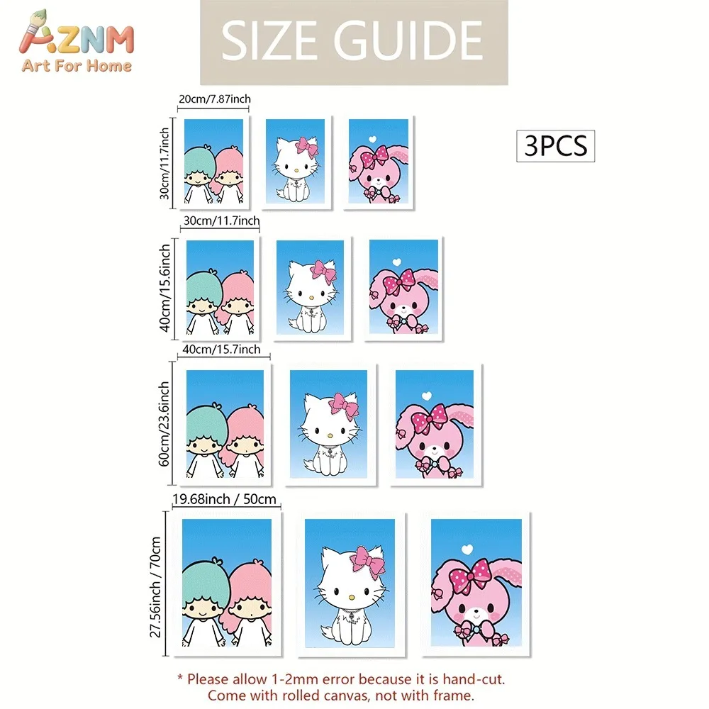 `Little Twin Stars Charmmy Kitty Bonbonribbon Canvas Wall Art 3pcs Set, Blue Sky Cute Cartoon Poster, Kawaii Simple Canvas Print