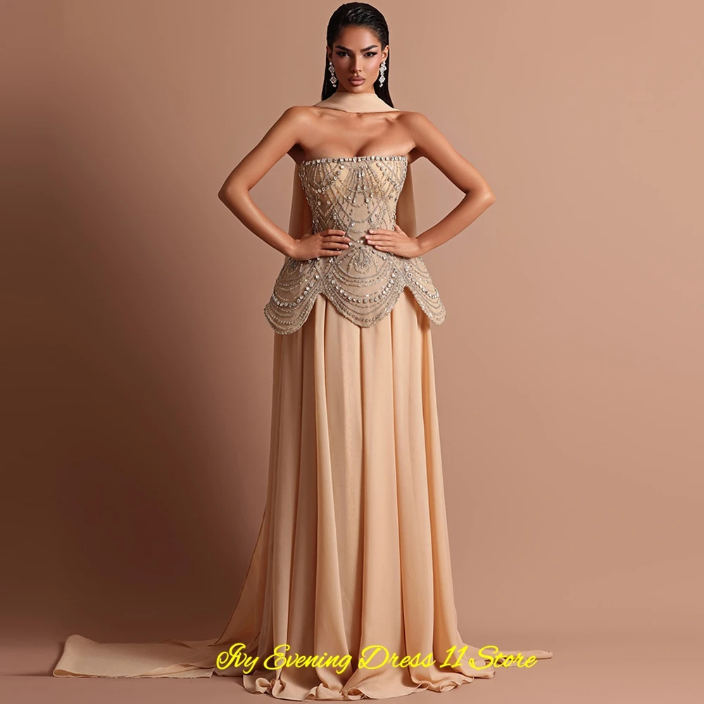 Customized Strapless Chiffon Evening Dress Formal Watteau Train Prom Gowns Exquisite Crystal Beading Celebrity Dresses