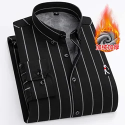 Camisa Oxford de manga comprida masculina espessa, listrada, quente, sem engomar, velo, negócio, casual, girando, outono, inverno, roupa de homem