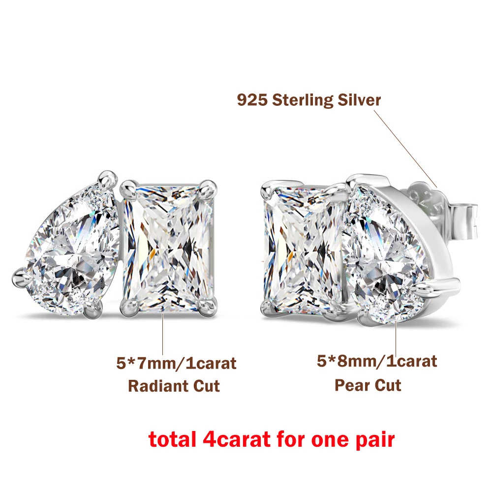 4 Karat Radiant-/Smaragd- und Birnenförmig geschliffene Moissanit-Ohrstecker mit Zertifikat, 2 Diamant-Ohrstecker für Damen, Hochzeit, S925 Silber Schmuck – Detail 4