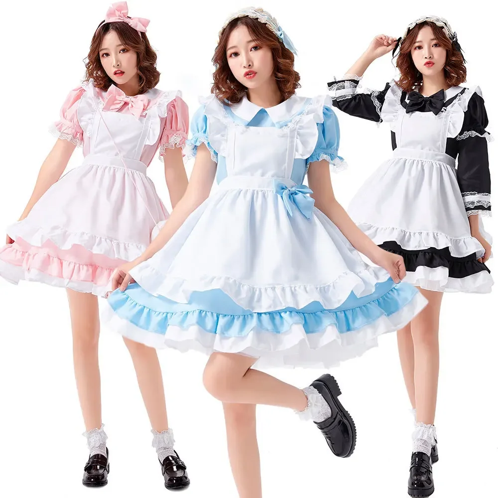 

High Quality Adult Alice in Wonderland Costume for Women Teen Girls Maid Cosplay Lolita Dress Halloween Blue Pink Black Ruffle