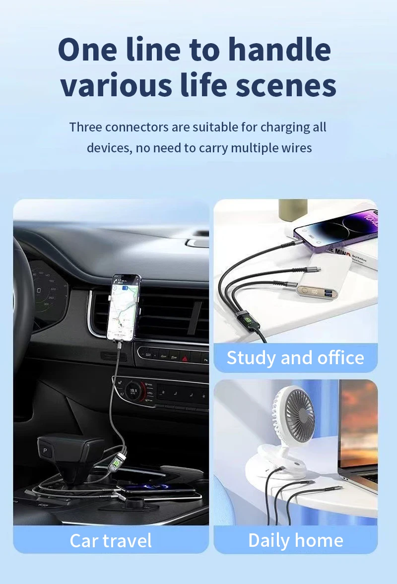 4PCS 3-IN-1 100W Nylon Woven Fast Charging Cable With Type-C, Micro USB, IP Port Compatible With Multiple Devices Multi Port Multiple Charging Wire