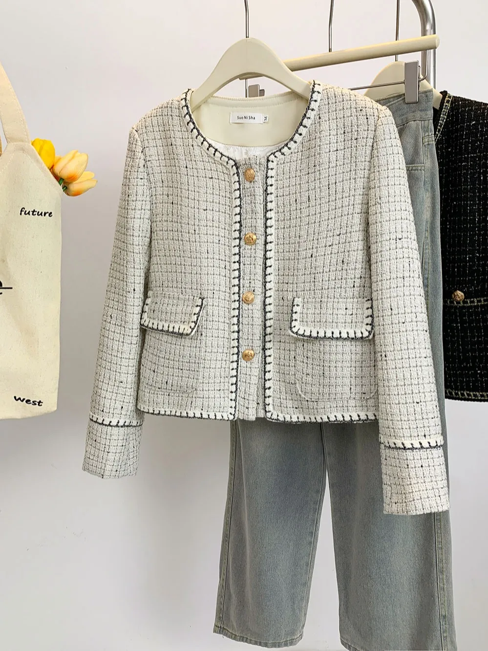 

Autumn Winter Woman Jacket Vintage Luxury Gold thread Stitching Tweed Coat Female Elegant Single-breasted Woolen Outwear Tops