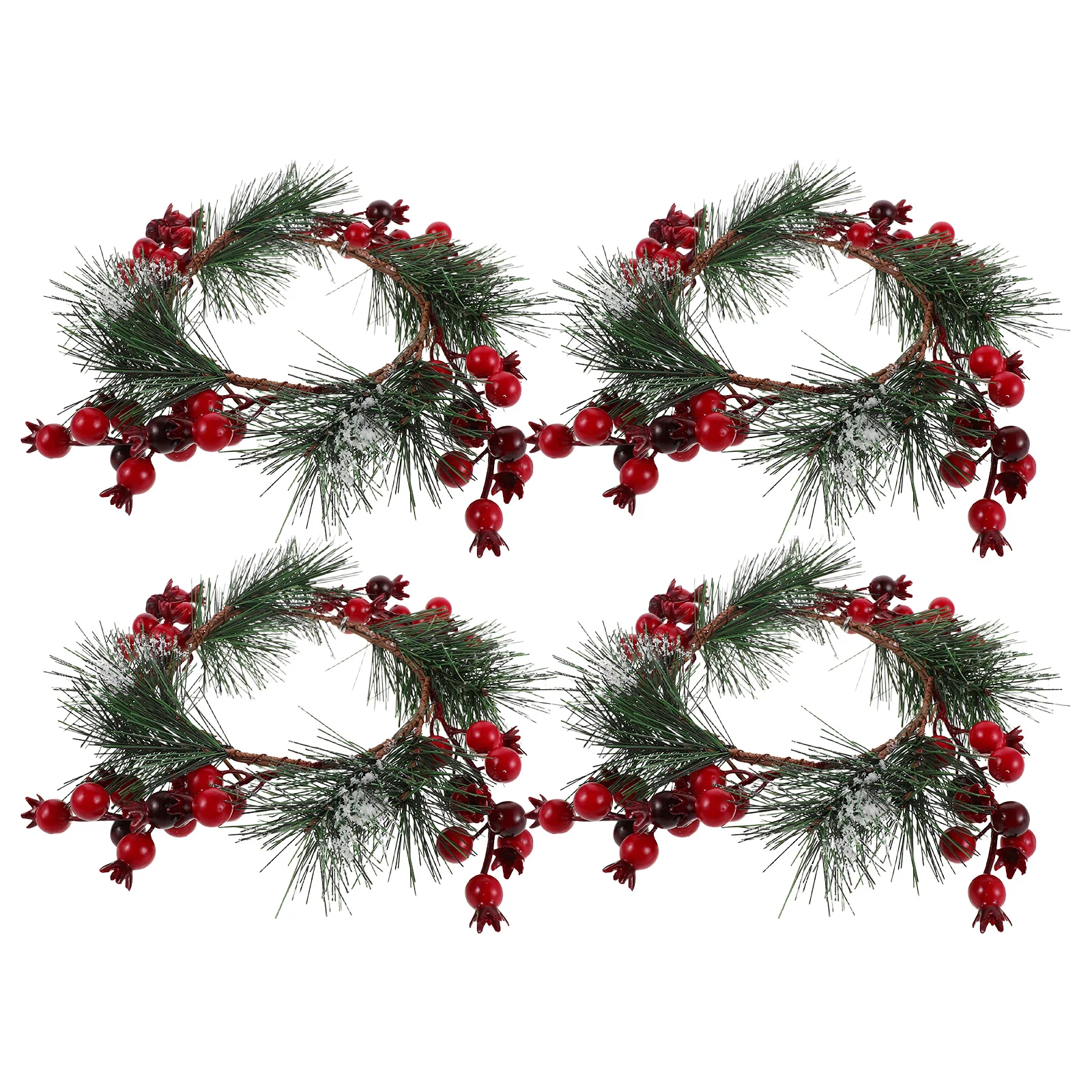 

4Pcs Christmas Holder Wreath Ring Artificial Snowy Pine and Berry Accents for Table Centerpiece Seasonal Home Decoration