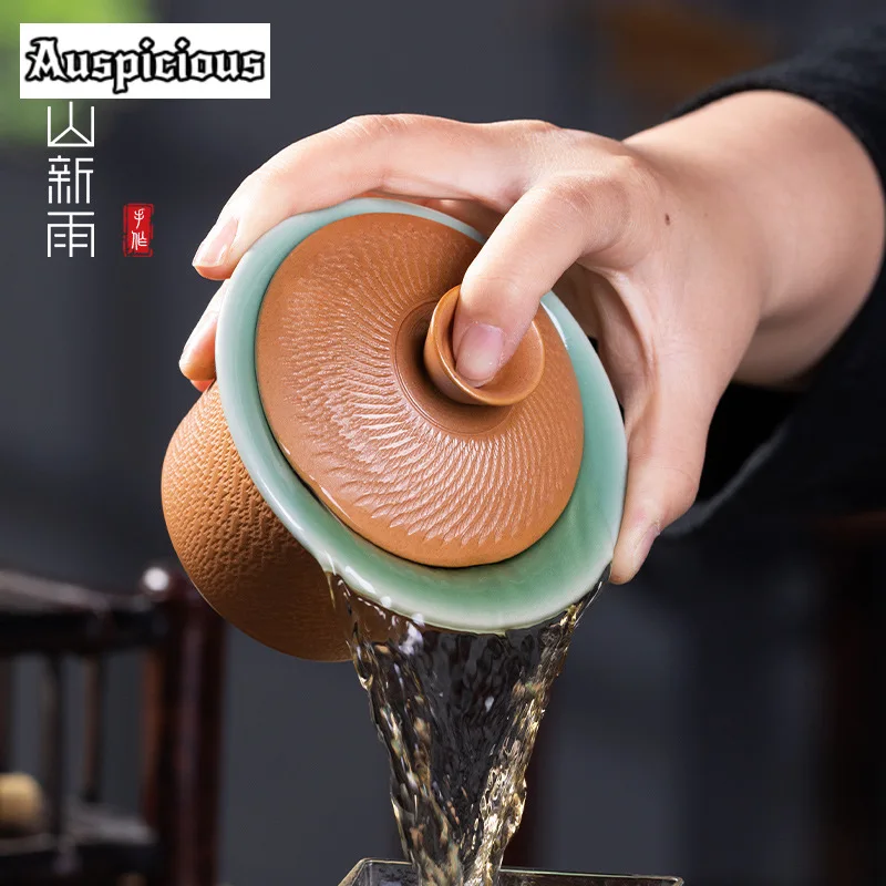 160ml Longquan Celadon Sancai Gaiwan Handmade Jumping Knife Tea Tureen Tea Brewing Cover Bowl Cha Supplies Decoration Collection