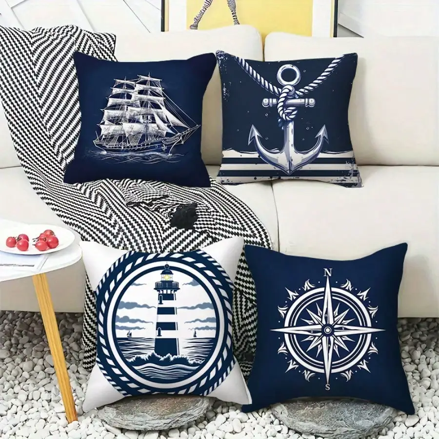 4pcs Marine anchor and sailing lighthouse printing Short plush Suitable for living rooms bedrooms sofas (excluding pillow cores)