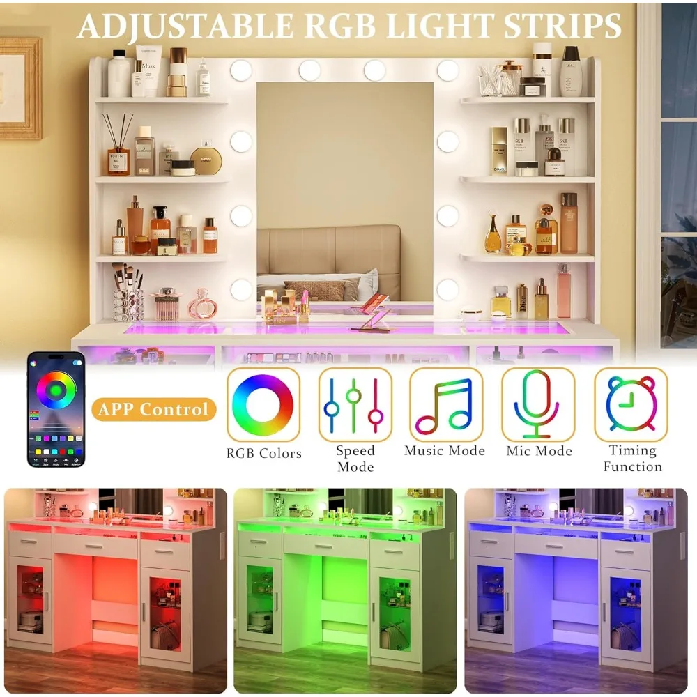 مكتب زينة مكياج مضيء مع أدراج RGB 3 ألوان و6 أرفف تخزين
