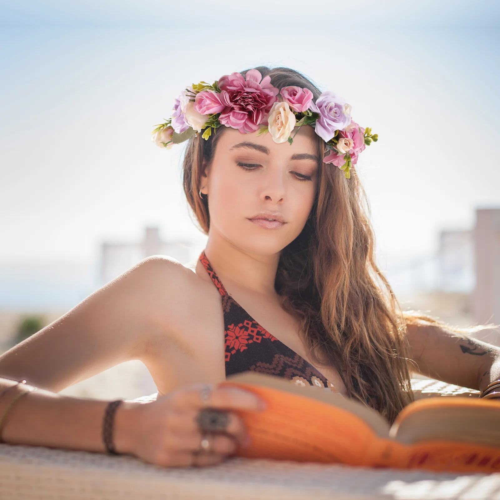 

Rose Flower Headband Realistic Floral Crown Adjustable Women Hair Accessory Bridal Wedding Party Decor Flower Crown For