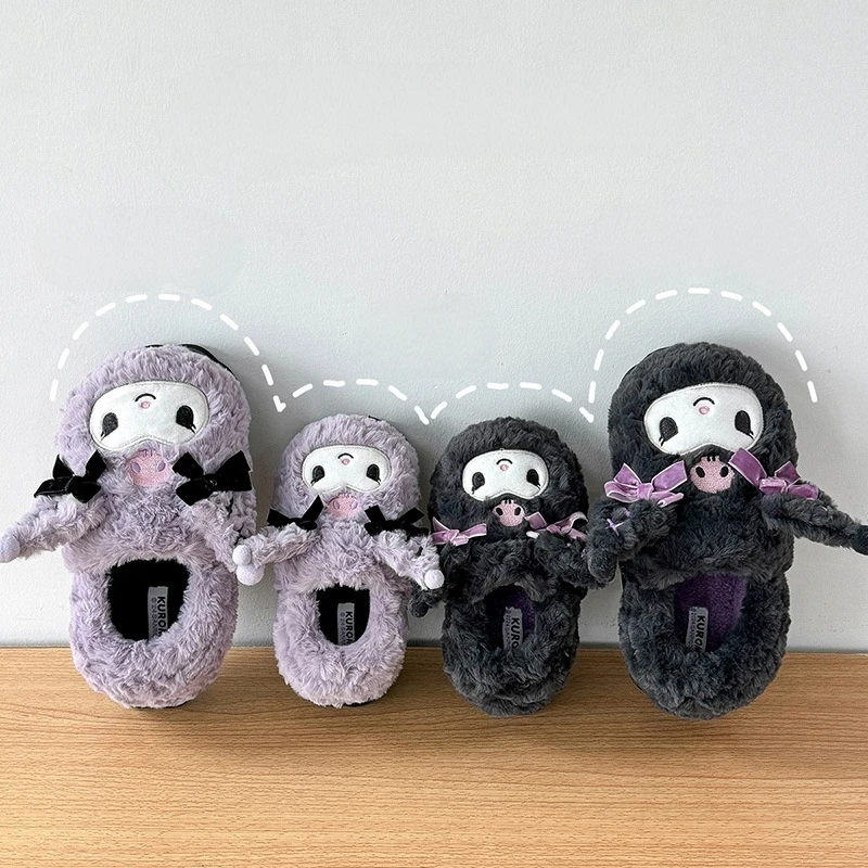 

Детские тапочки с мультяшным бантом и манжетами, пушистая теплая зимняя обувь на плоской подошве для детей, нескользящие домашние тапочки фиолетового, серого цвета, размер 215-255