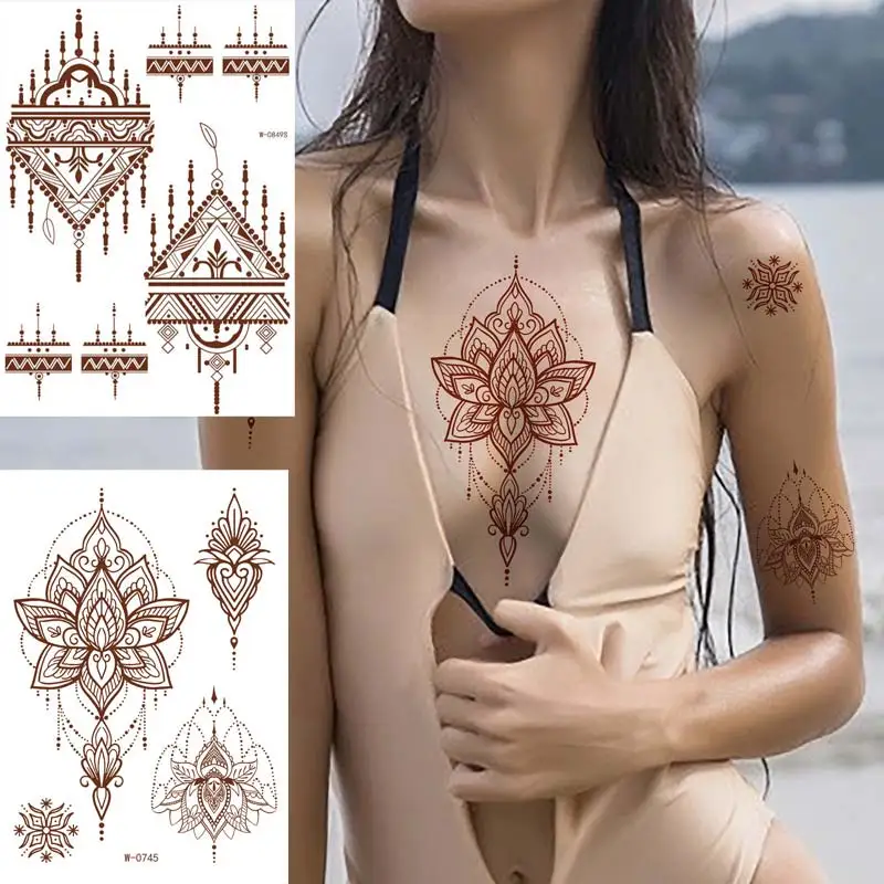 

Brown Henna Temporary Tattoos for Women Girls Body Chest Waist Bracelet Lace Tattoo Stickers Mehndi Stencil Designs Tattoo