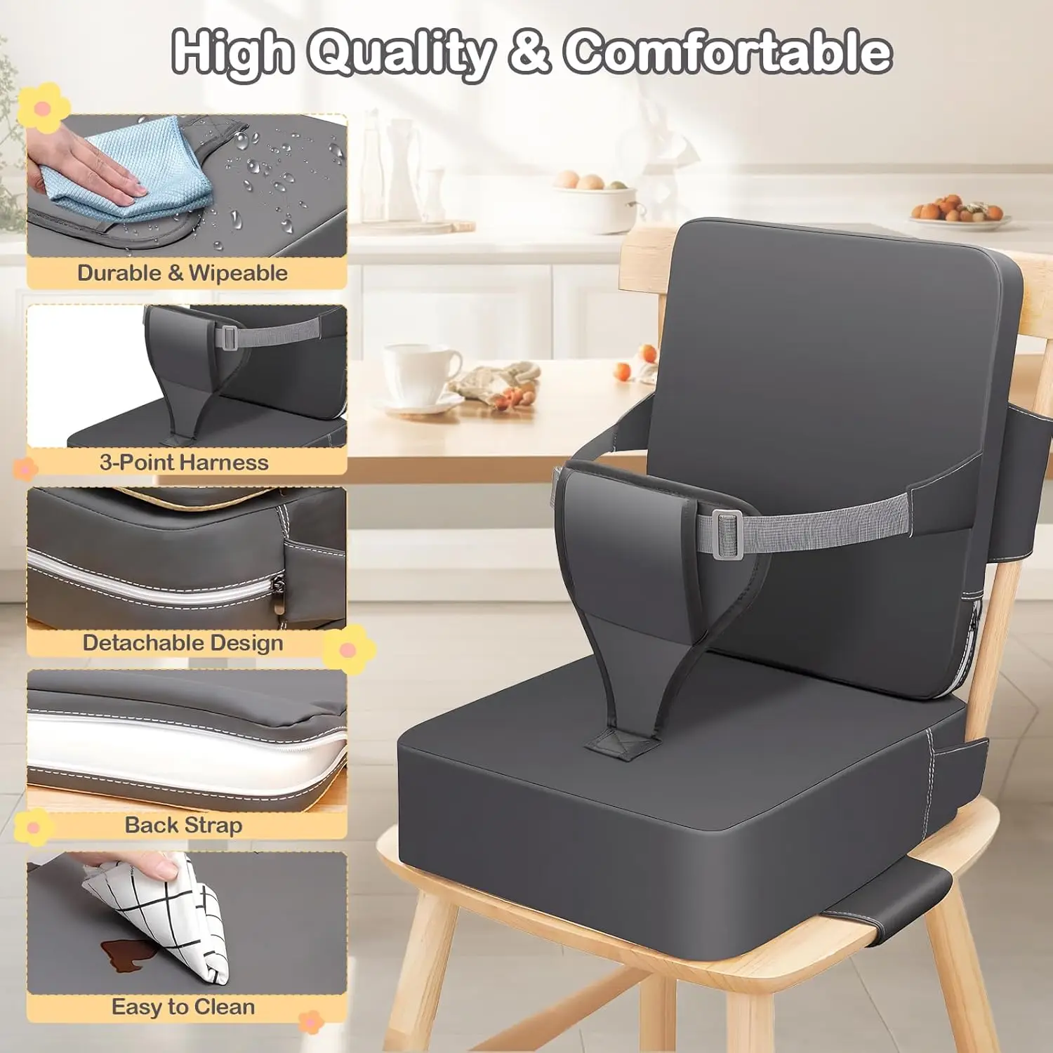 مقعد معزز لكرسي المطبخ، مقعد معزز لطاولة الطعام، مقعد الطعام مع أشرطة قابلة للتعديل، غير قابلة للانزلاق وجيدة التهوية #6