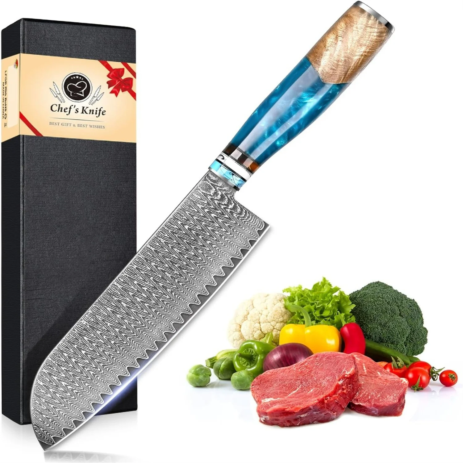 Coltello Santoku Coltello Damasco Vg-10 Lama affilata in acciaio Coltelli da cucina professionali giapponesi Coltelli da cucina e accessori da 7,0 pollici