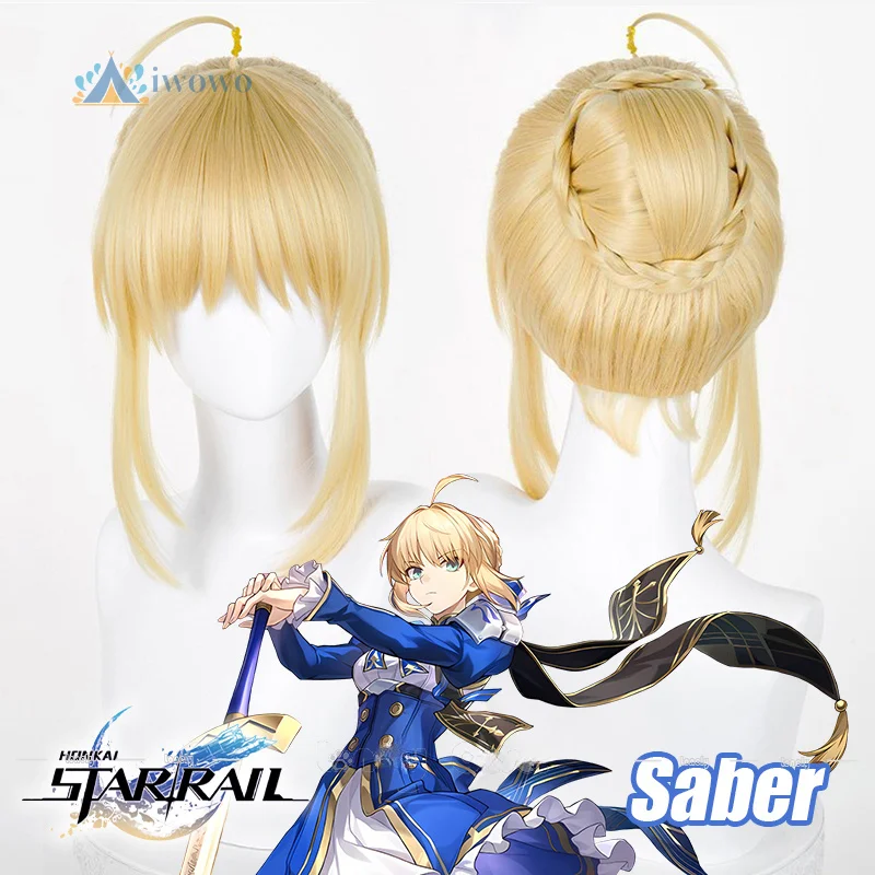 Honkai Star Rail Saber Cosplay Wig Blonde Braided Bun Hair Blunt Bangs Heat Resistant Wigs For Women Girls Carnival Free Wig Cap
