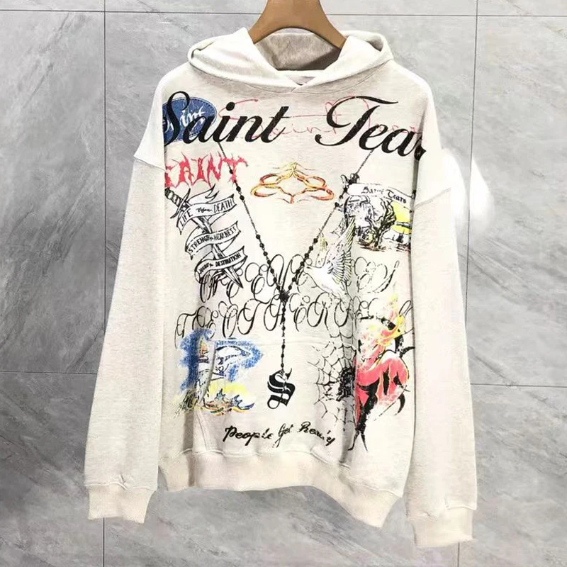 High Street Retro Youth Men's Women's Loose SAINT Hoodie High Quality Washed Do Old Abstract Print Saint Hooded Sweatshirts