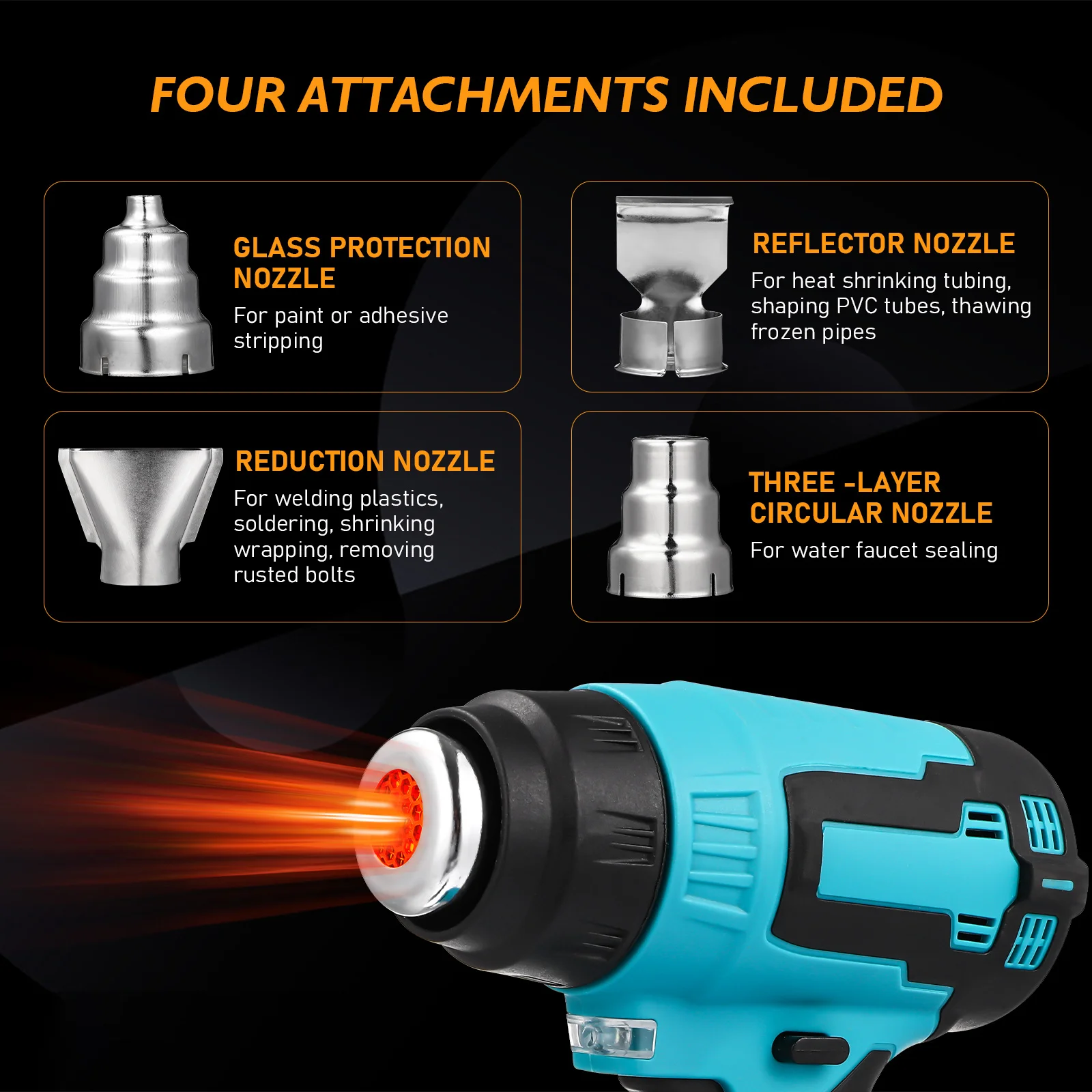 

Cordless Handheld Hot Air Blower Electric Fast Heating LED Light Trigger Speed Control Safe Anti-Scalding Blower 4 Nozzles