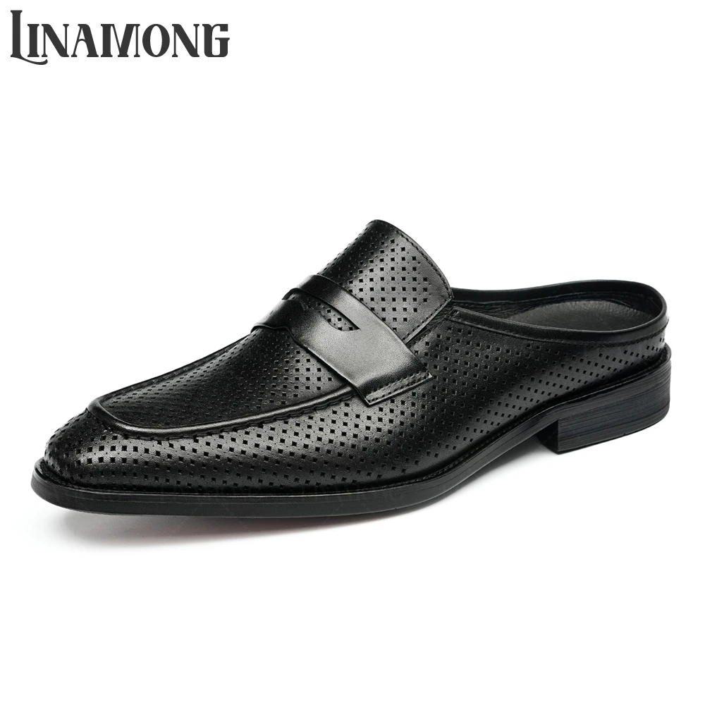 

Breathable Hollow Leather Slippers Retro Style Closed Toe Leather Slippers Elegant Designer Style Slip on Business Dress Shoes