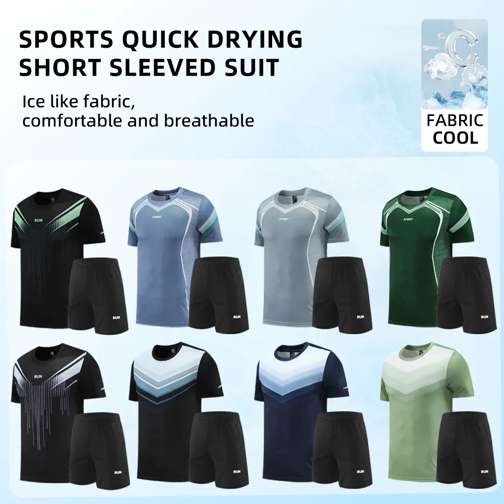 Fitness Clothes Men Ice Silk Quick Drying Short Sleeve Sports T-shirt Shorts Sportswear Suit Running Tracksuit Gym Training Set