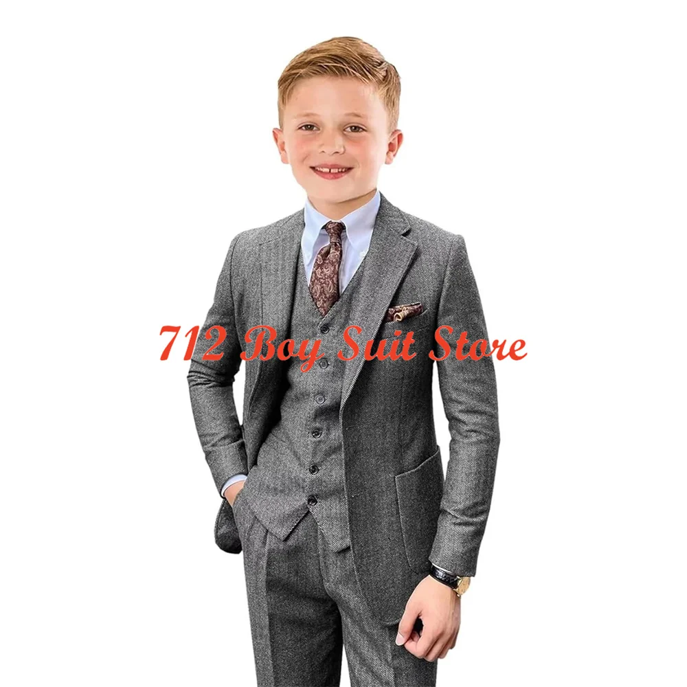 Terno de espinha de peixe para meninos, tweed, jaqueta slim fit, colete, calças, conjunto de 3 peças, festa de casamento, smoking formal, roupa