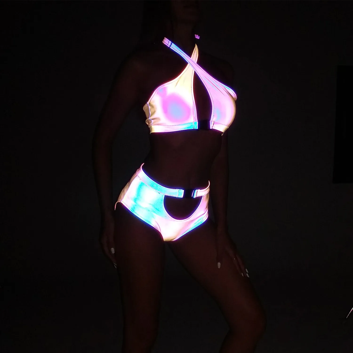 Colorful Reflective Women Sexy Bikini Hollow Out Reflect Light Shorts Swimsuit Summer Sandbeach Two Piece Set Swimwear Bikinis