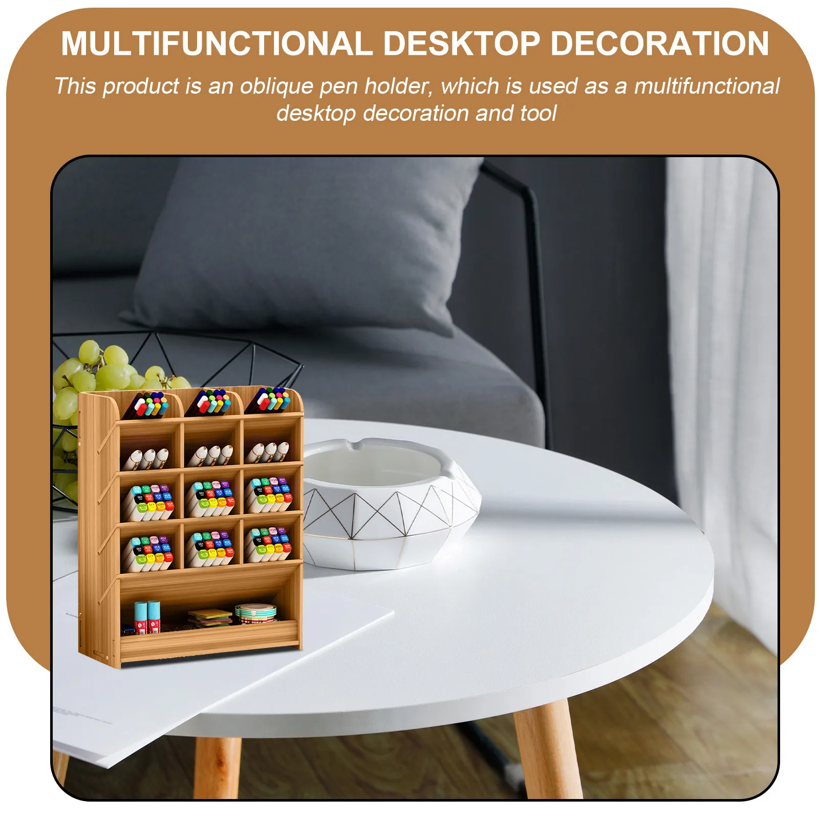 Multi Grid Wooden Pen Container Diagonal Design Desktop Pencil Box Natural Wood Large Capacity Smooth Finish Office Supply