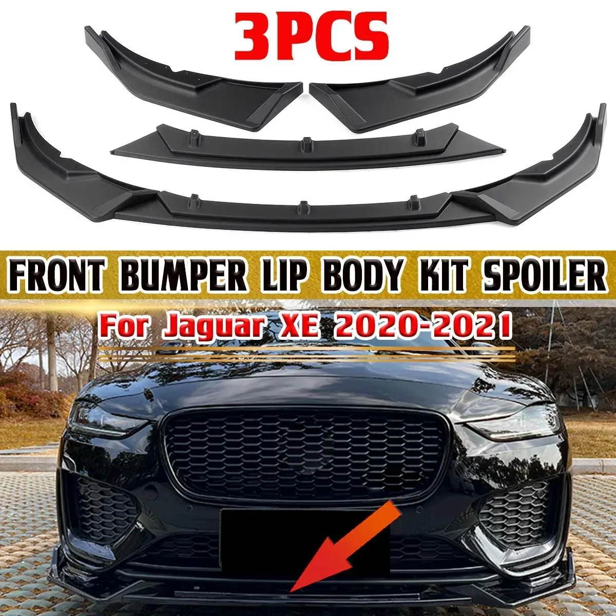 

3pcs Car Front Bumper Splitter Lip Chin Body Kit Deflector Lips Guard For Jaguar XE 2020-2021 Front Bumper Lip Protector Cover