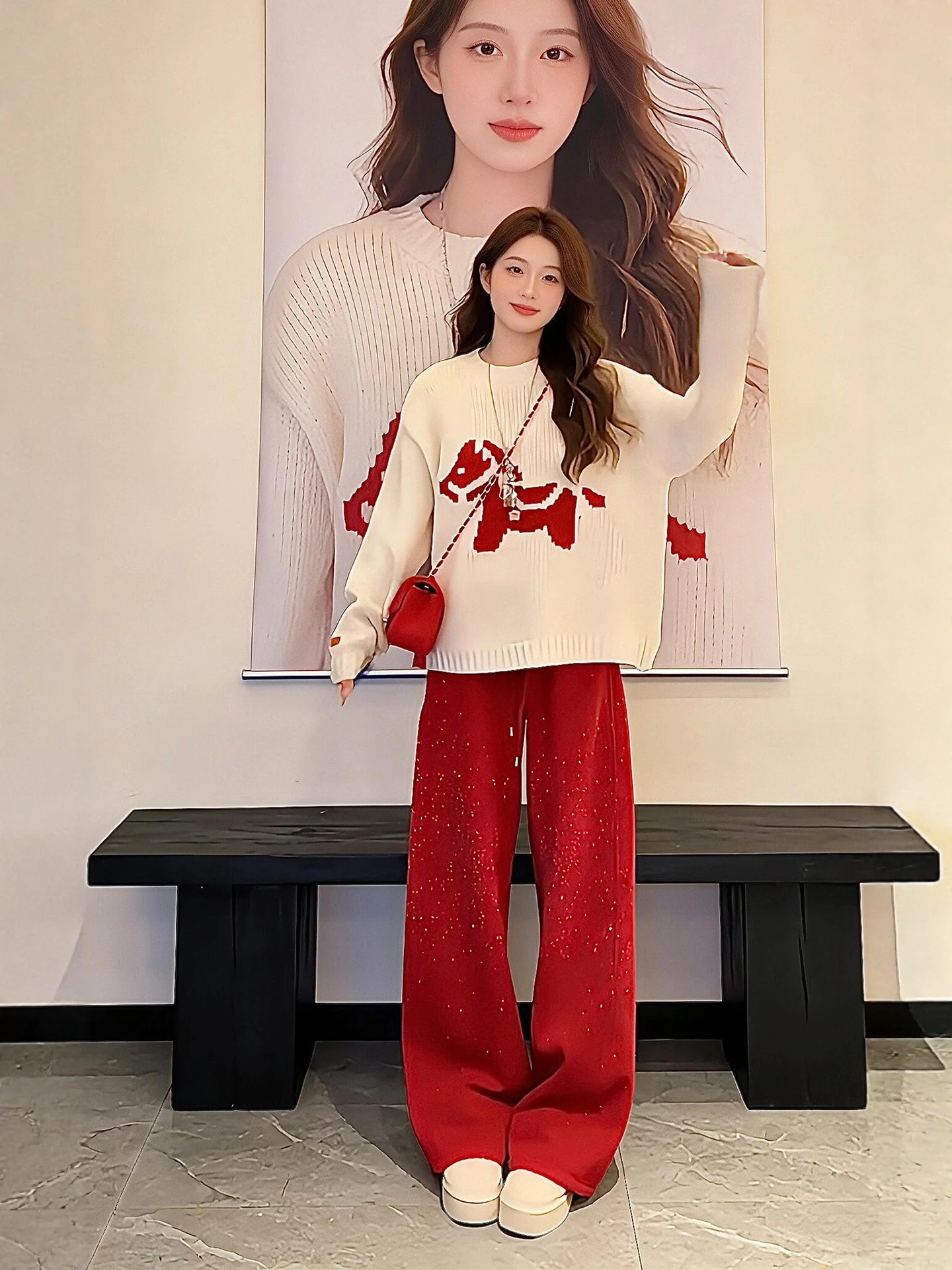 

Winter Knitted Sweater And iny Sequin Casual Pants Women's Faion Set plus Size Comfortable Loose Fit High Waist Trousers