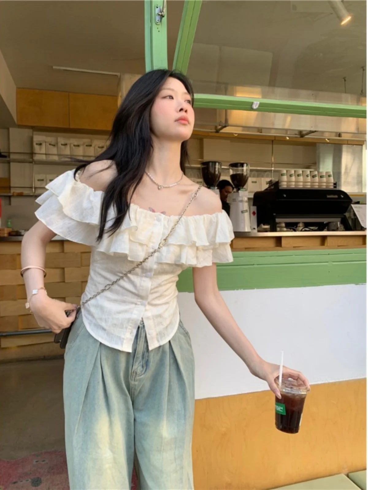 Blouses Women Ruffled Slash Neck Summer New Off Shoulder Niche Slim Elegant Design Tops Solid Chic Casual Korean Popular Daily