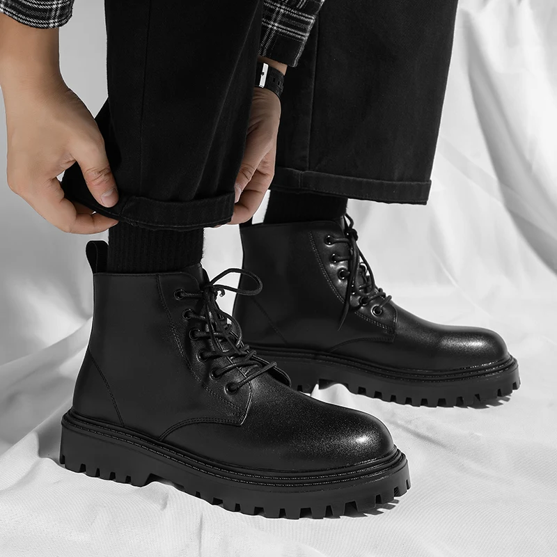 men's casual business office platform shoes genuine leather shoes cowboy spring autumn boot gentleman handsome ankle botas male