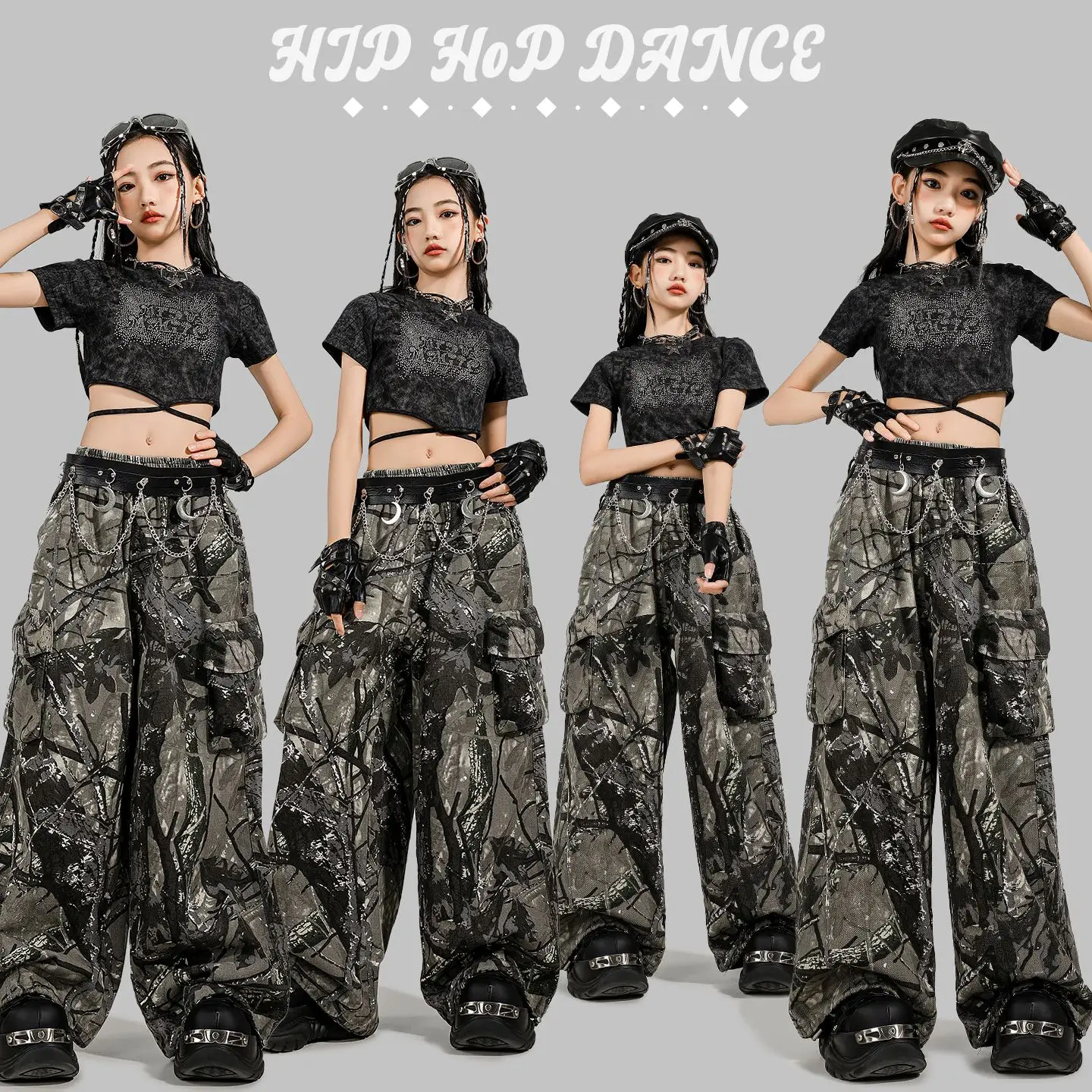 

Костюмы для джазовых танцев для девочек 2025 года, укороченные топы, брюки-карго, детская одежда для бальных танцев в стиле хип-хоп, DQS20113