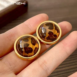 HUANZHI Vintage Leopard Print Geometric Round Stud Earring Temperament Personality Punk Y2K Jewelry for Women New