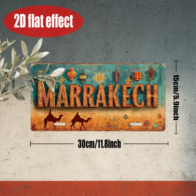 2D Flat, 1pc Vintage  Metal Sign Plate Cover - Marrakech Desert Caravan Sign with Lanterns & Market Theme, view 3