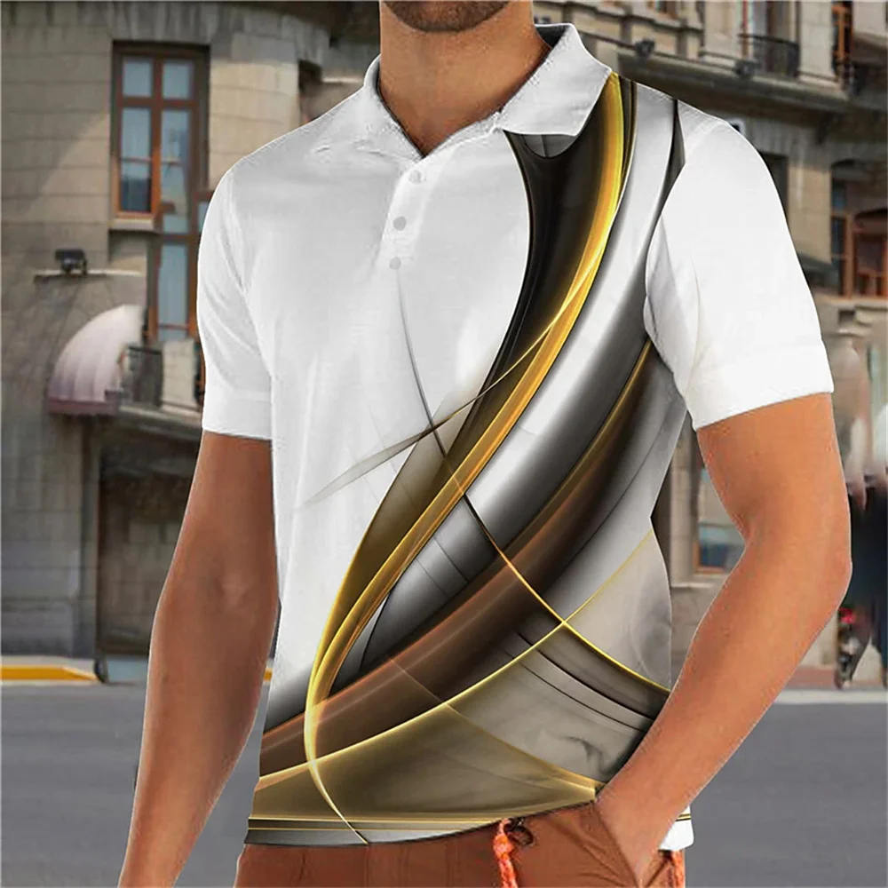 Fashion Men\'S Polo Shirt Gradient Line Summer Short Sleeve TShirts Casual Daily Lapel Tops Tees Striped T Shirt For Man Clothing