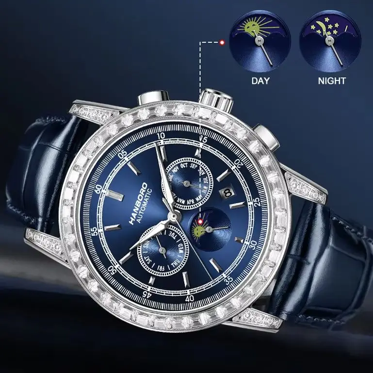 HANBORO Men Automatic Watch 43.5mm Mechanical Wristwatch 50m Waterproof Sapphire Mirror Multi-Dial Week Month Sun-Moon
