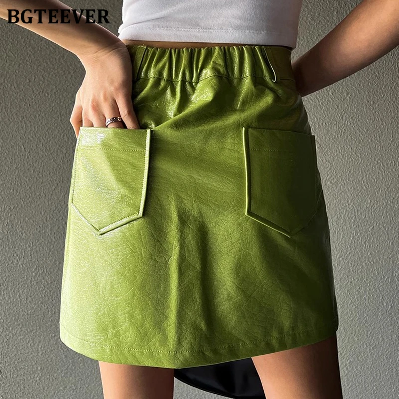 BGTEEVER Spring High Waist Slim Ladies PU Leather A-line Skirts Elegant Green Women Mini Skirts