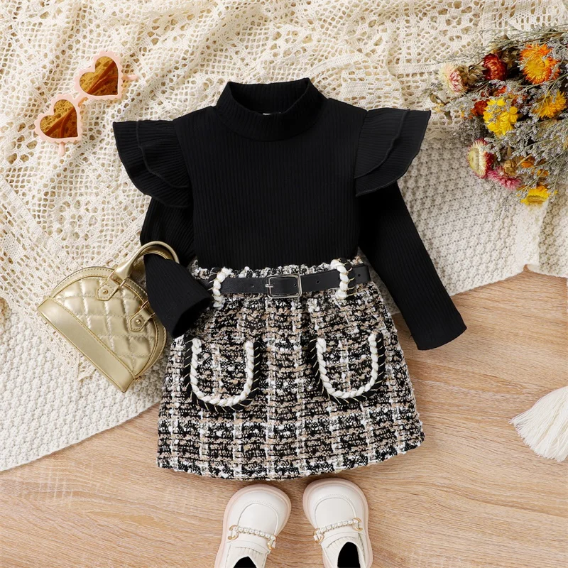 Girls Clothing Sets Autumn Winter Kids Clothes Solid Long Sleeve Semi-high Collar Top with Skirt Fashion Children Clothing Set