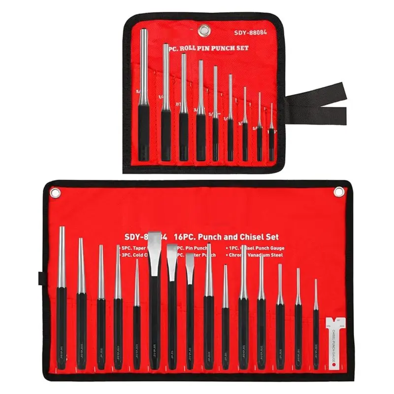 A02F-25-Piece Punch And Chisel Set With Roll Pin Punches, Includes Taper, Pin, Center Punches & Cold Chisels For Metalworking