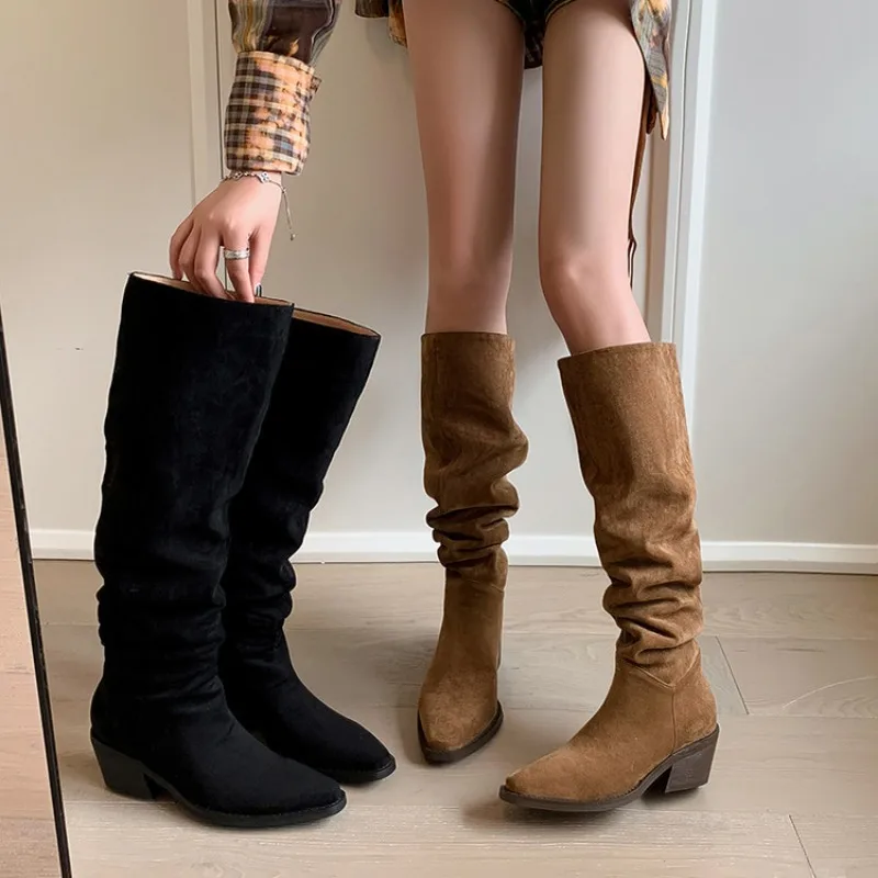 

Новинка 2026, осенне-зимние женские сапоги до колена, высокие сапоги до колена высотой 22-25 см из эластичной бархатной ткани, длинные сапоги с квадратным носком.