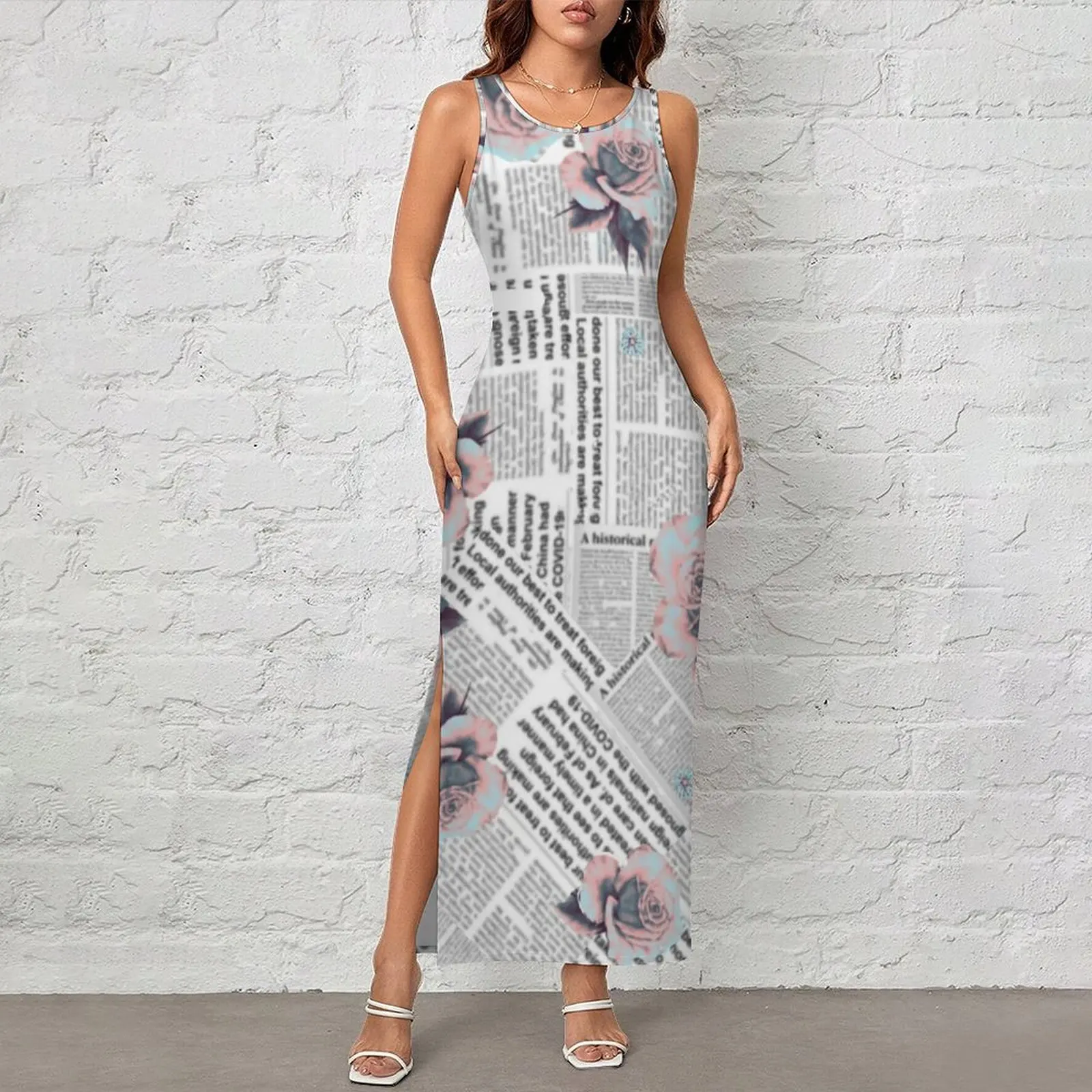 Vintage Newspaper Bodycon Dress Spring Flower Print Kawaii Maxi Dresses Woman Sleeveless Pattern Casual Y2k Dress Big Size 4XL