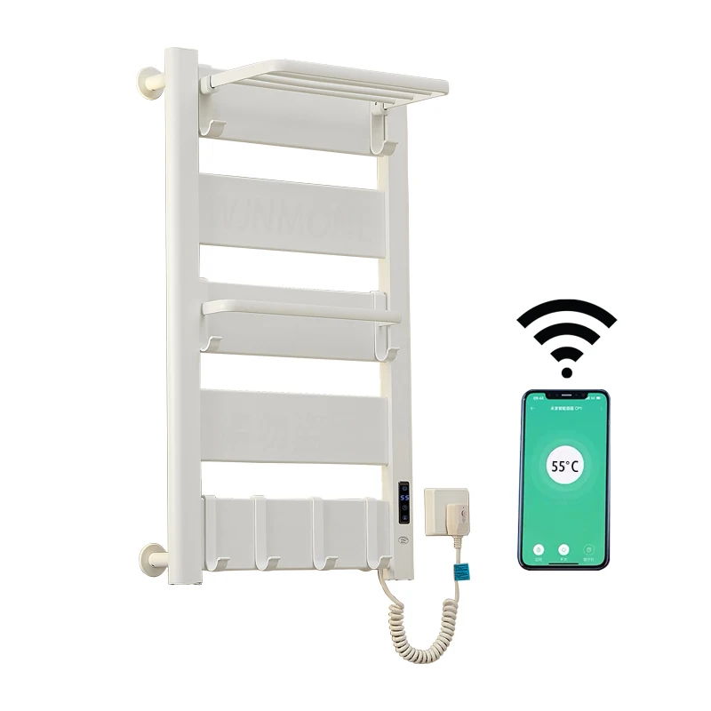 Top 1 Luxo Inteligente WIFI Toalheiro Elétrico Robe Toalheiro de Banho Roupas Secagem Rack Banheiro Display LED Toalheiro de Aquecimento Elétrico Suporte de toalha inteligente para controle de aplicativo móvel