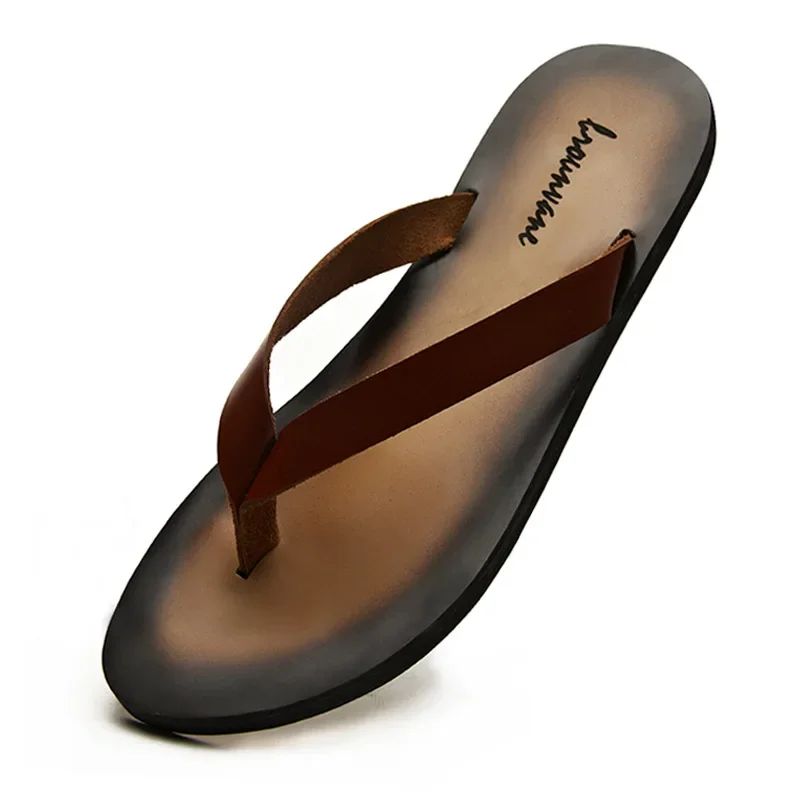 Classic Genuine Leather Mens Slippers 2026 Summer New Outdoor Handmade Comfortable Quality Beach White Flip Flops Flat Shoes Man